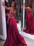Dark Red Two Piece V Neck Backless Satin Prom Dress LBQ0073